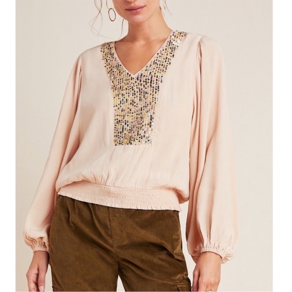 Anthropologie Maeve Kristie Sequined Peasant Blouse Balloon Sleeve | XL